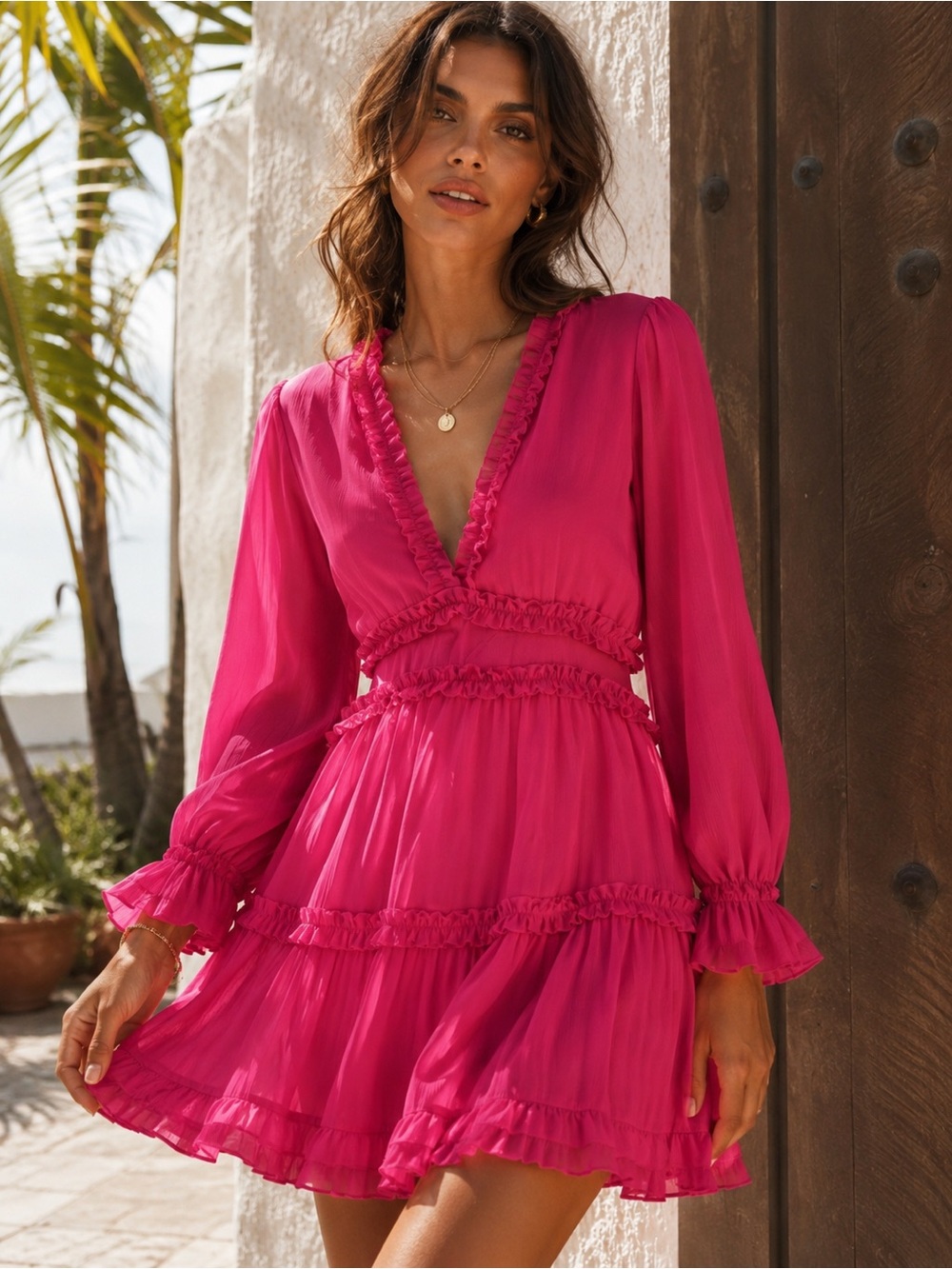 Feminine Ruffle V-Neck Mini Dress in Fuchsia, size Small